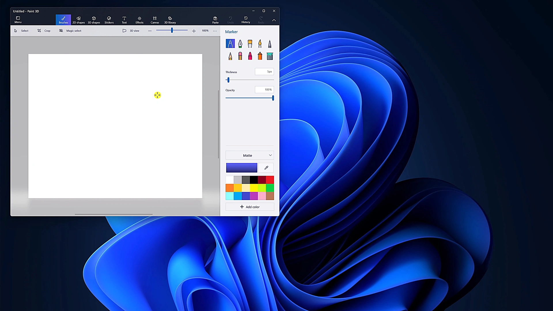 Paint 3D workspace window displaying the ready-to-use canvas, brushes panel, and toolbars