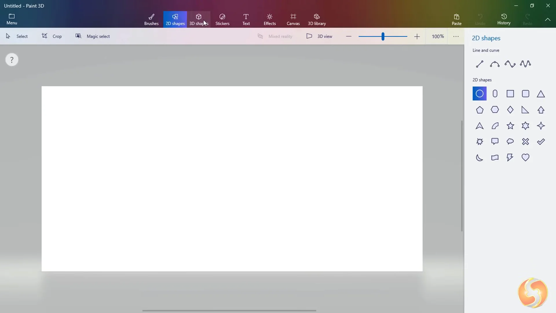 Paint 3D brushes panel showing the 10 brush media tools, thickness slider, opacity slider, and color palette