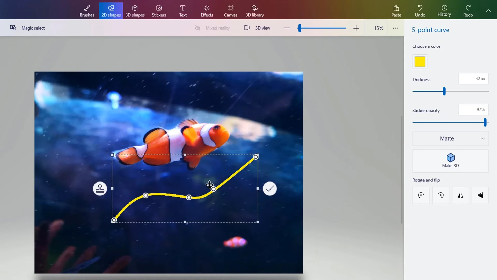 2D shapes tool in Paint 3D showing internal curve handles, fill and stroke controls