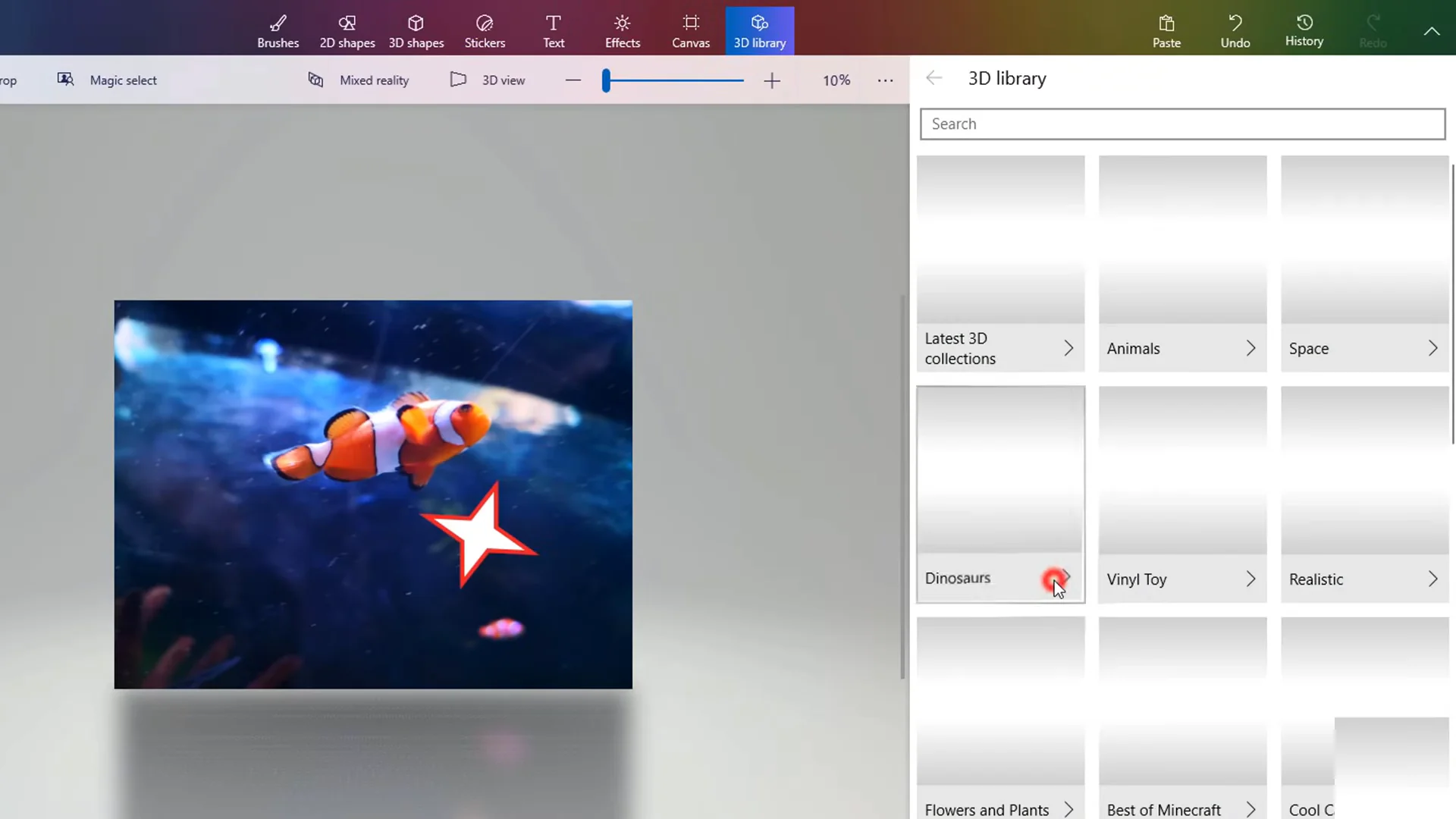 3D Library in Paint 3D showing catalog of ready-made 3D models and community collections