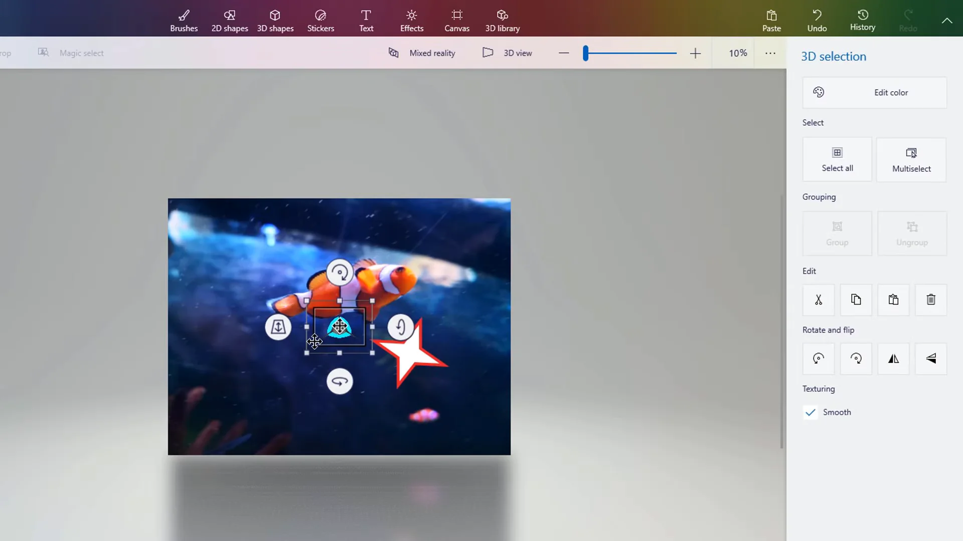 3D truck model in Paint 3D showing X, Y, Z rotation rings and the left Z-axis depth position slider