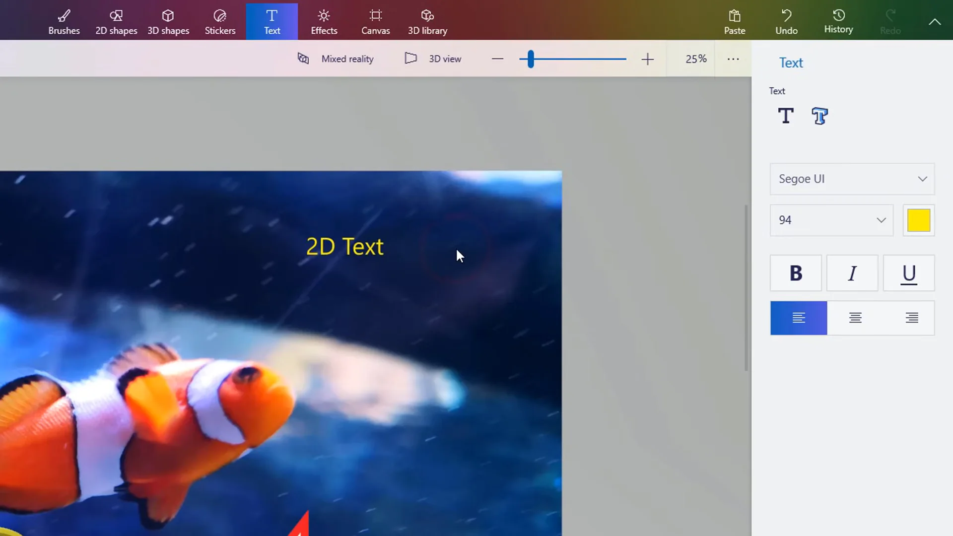 3D text in Paint 3D showing extruded letters with 3-axis rotation gizmos and font options
