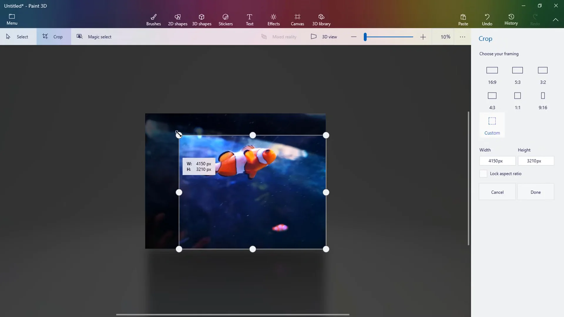 Paint 3D canvas crop tool showing framing box and right sidebar aspect ratio options