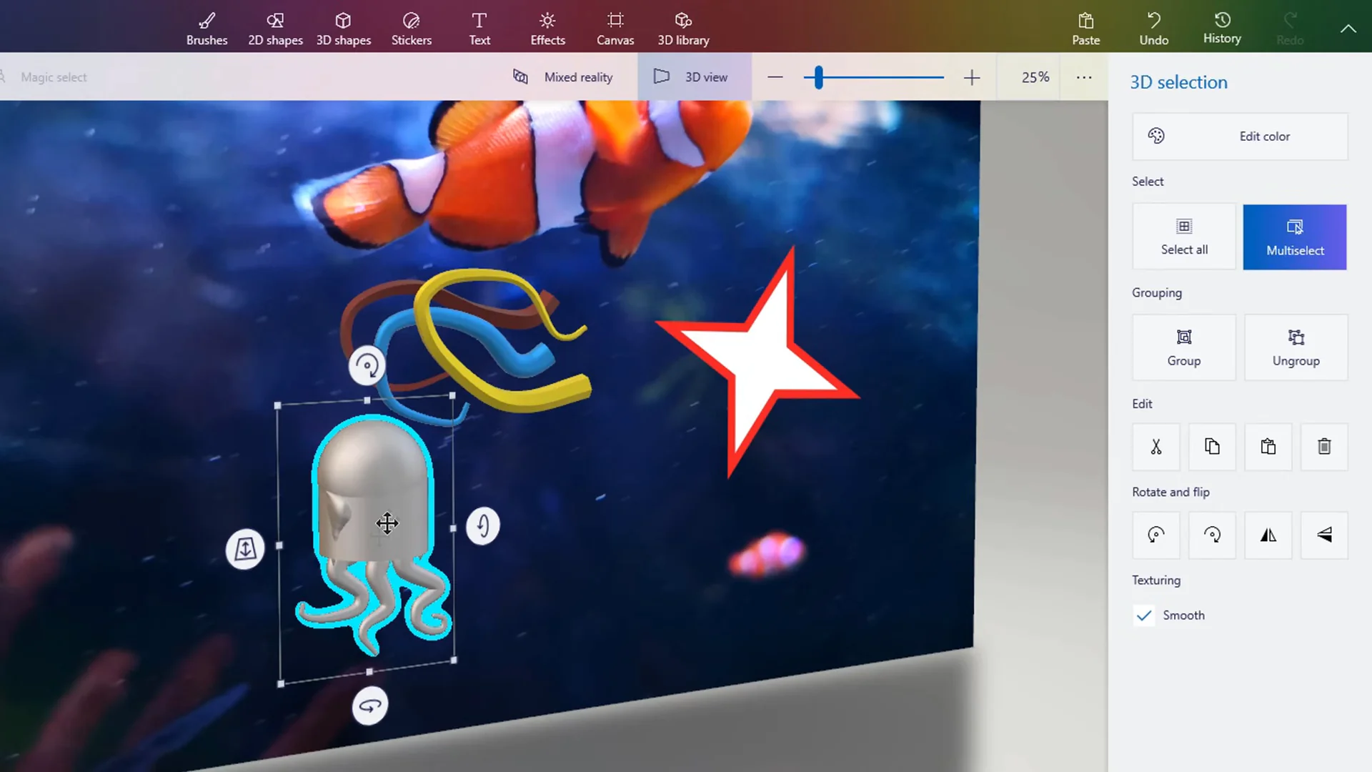Multi-selection of 3D objects in Paint 3D showing the Group command button in the right sidebar