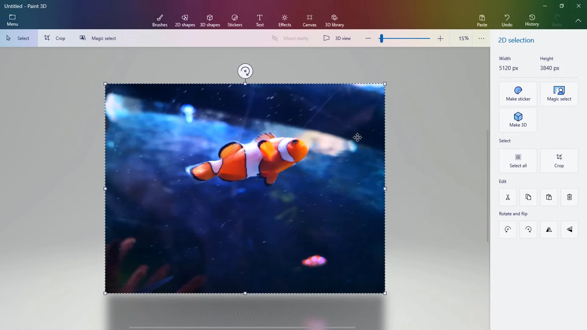 Imported photo placed on the Paint 3D canvas with corner scaling nodes and top rotation handle