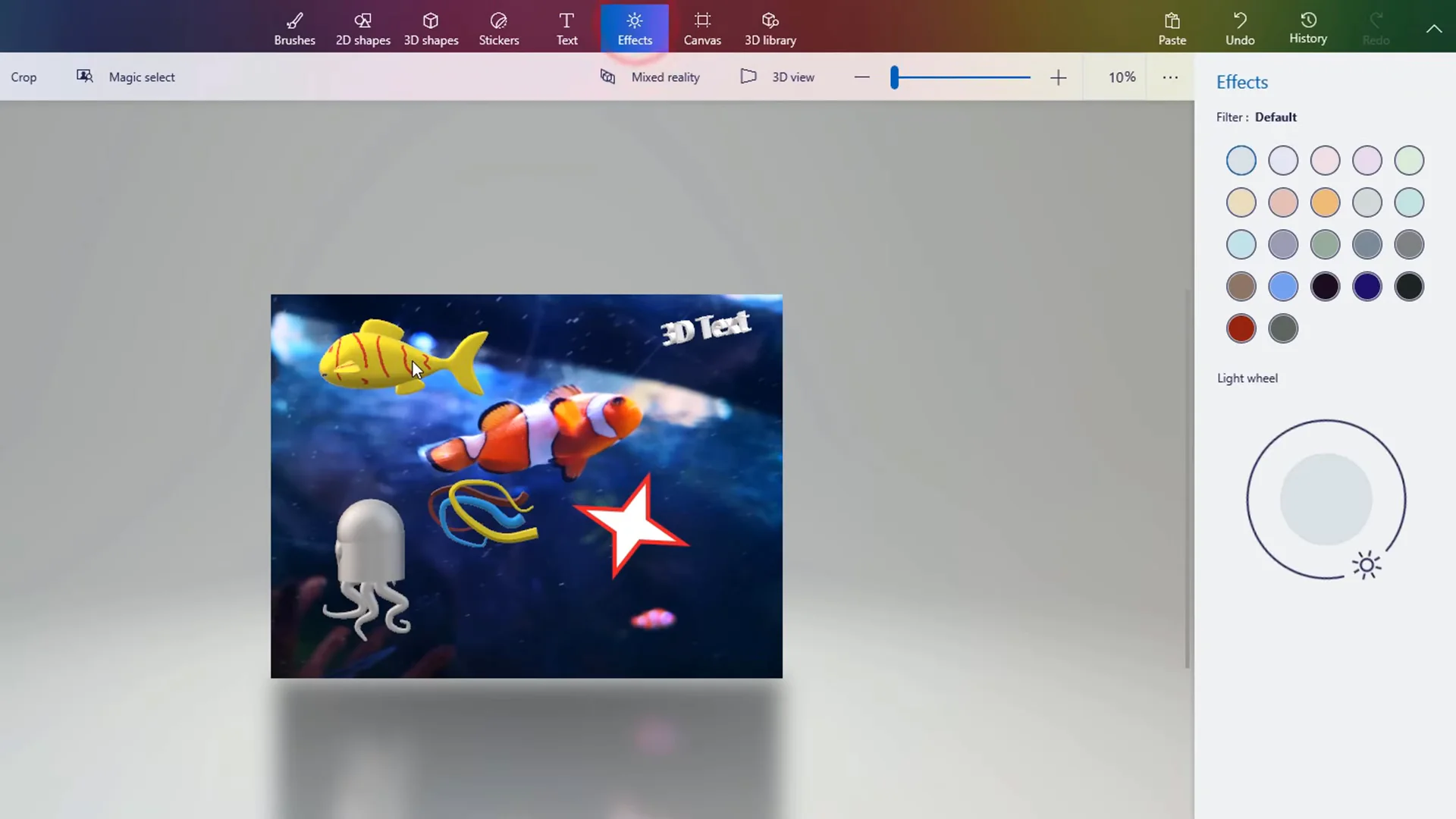 Effects panel in Paint 3D showing the 360-degree light direction wheel and mood color filters