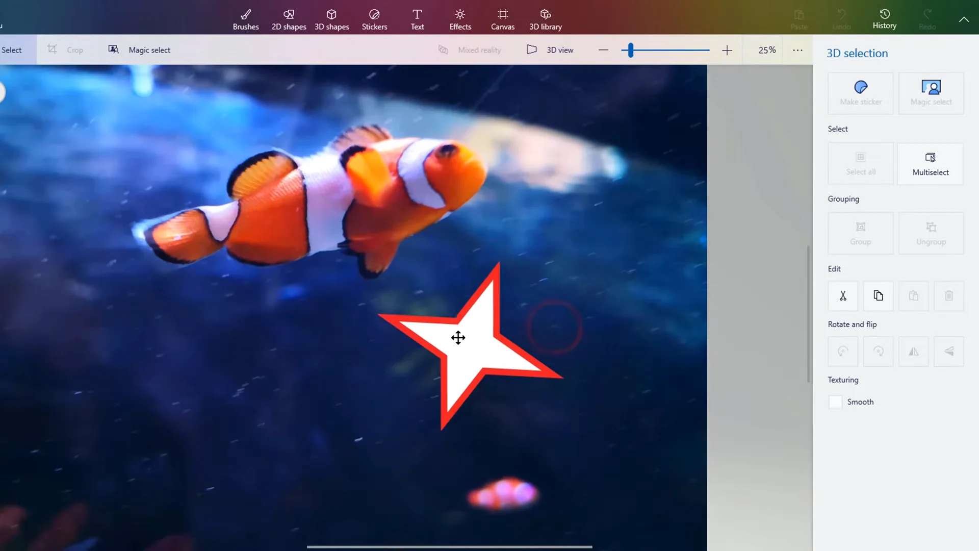 Extracted 3D cutout moved away from canvas showing automatic content-aware background fill