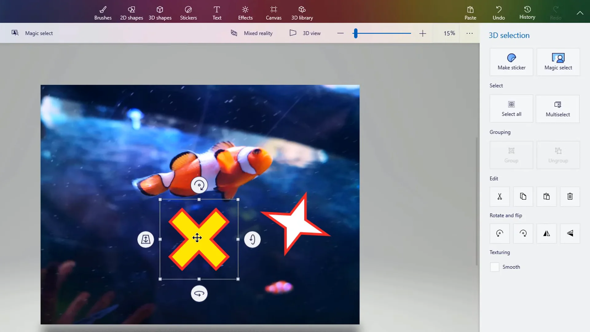 Make 3D button in Paint 3D turning a flat 2D sticker or shape into an independent 3D object