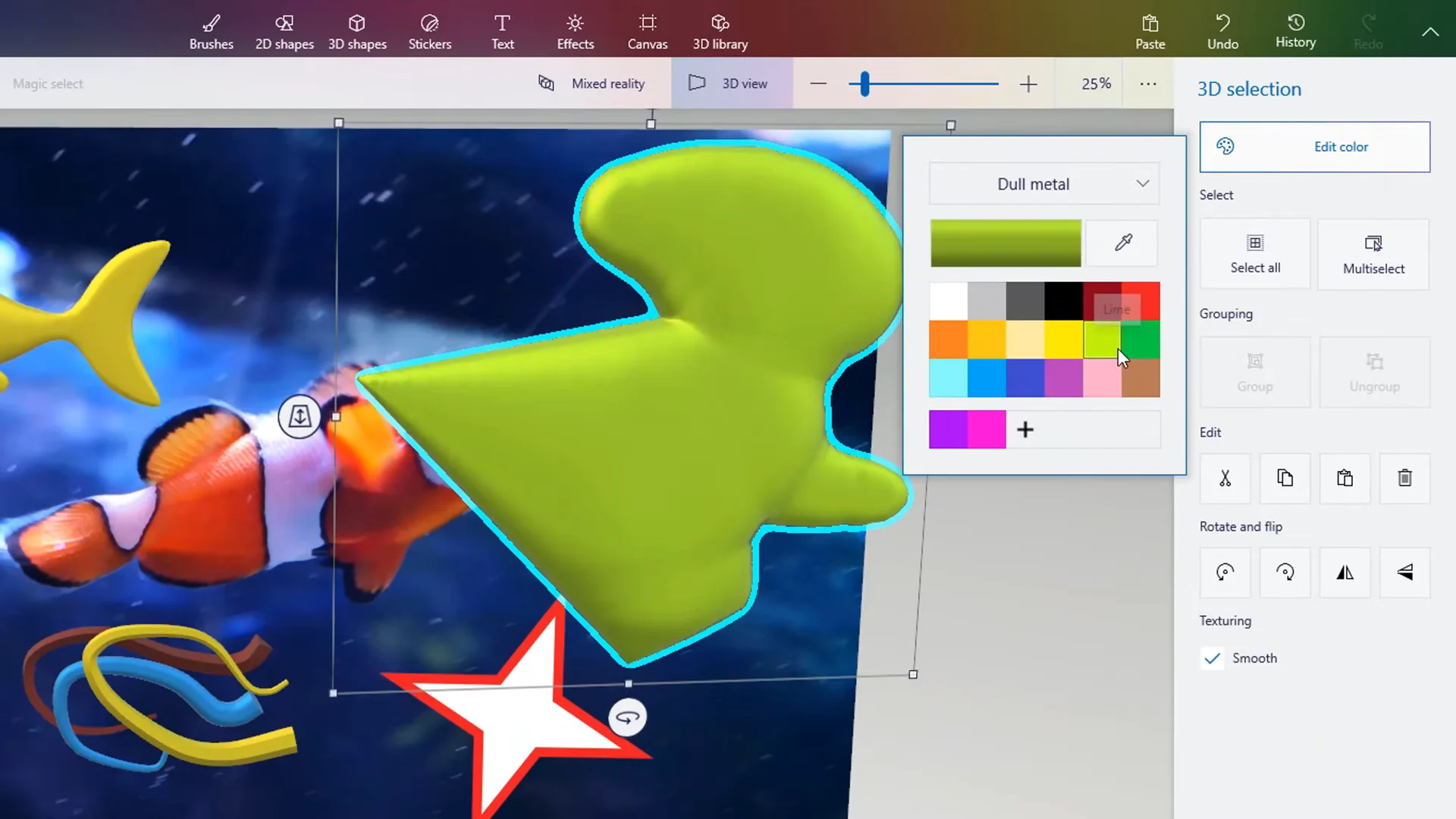 Material finish dropdown in Paint 3D showing Matte, Gloss, Dull Metal, and Polished Metal