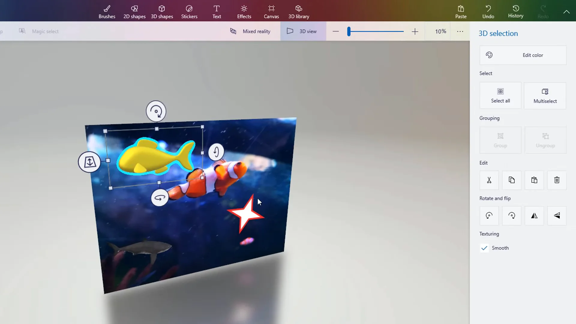 Tube Brush tool in Paint 3D showing active 3D tube with path adjustment nodes