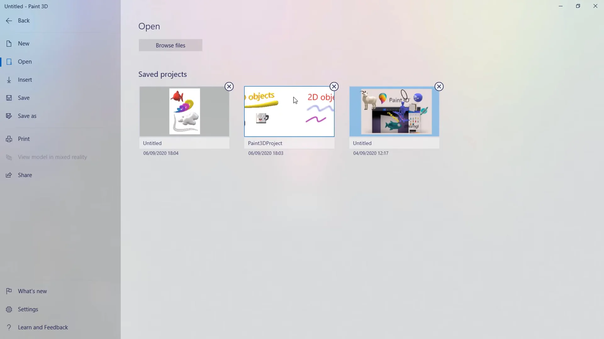 Microsoft Paint 3D Welcome screen showing New, Open, and Paste buttons