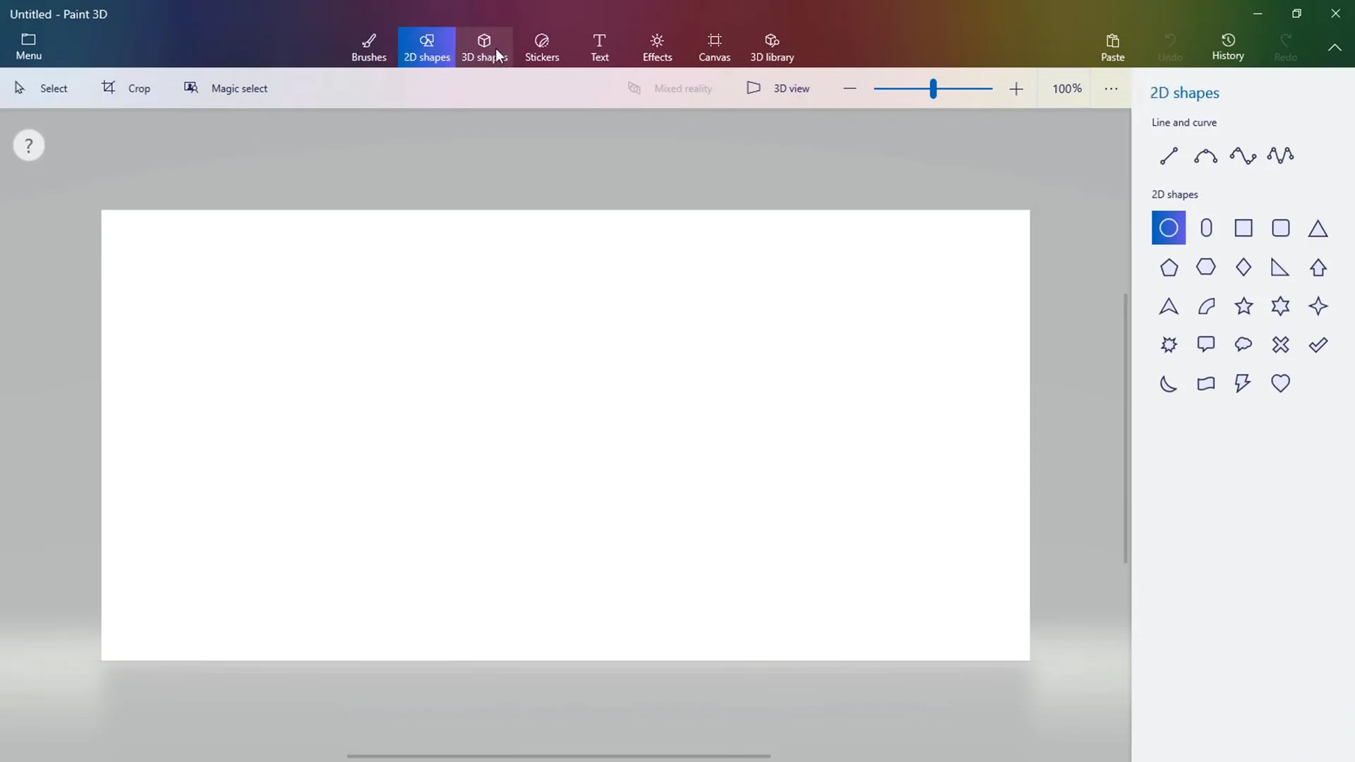 Microsoft Paint 3D workspace overview showing top ribbon toolbar, drawing canvas, and right editing panel