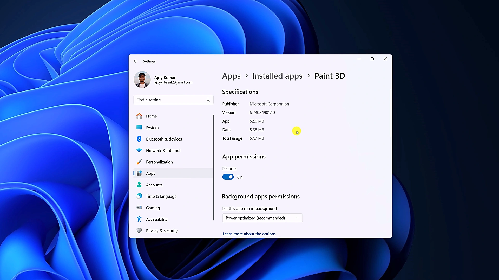 Paint 3D Advanced Options page displaying app specifications, version number, and background permissions