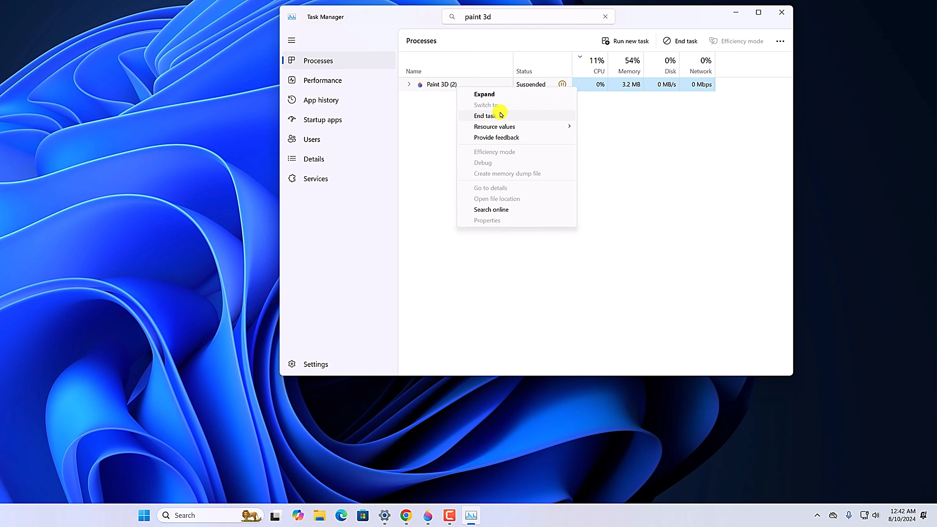 Windows 11 Task Manager showing Paint 3D in Suspended status with the End task menu option